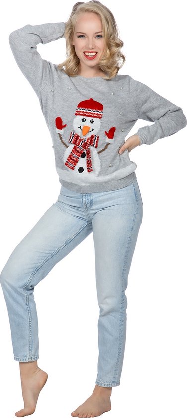 Kersttrui Dames Grijs Snowman Met Parels - Maat S