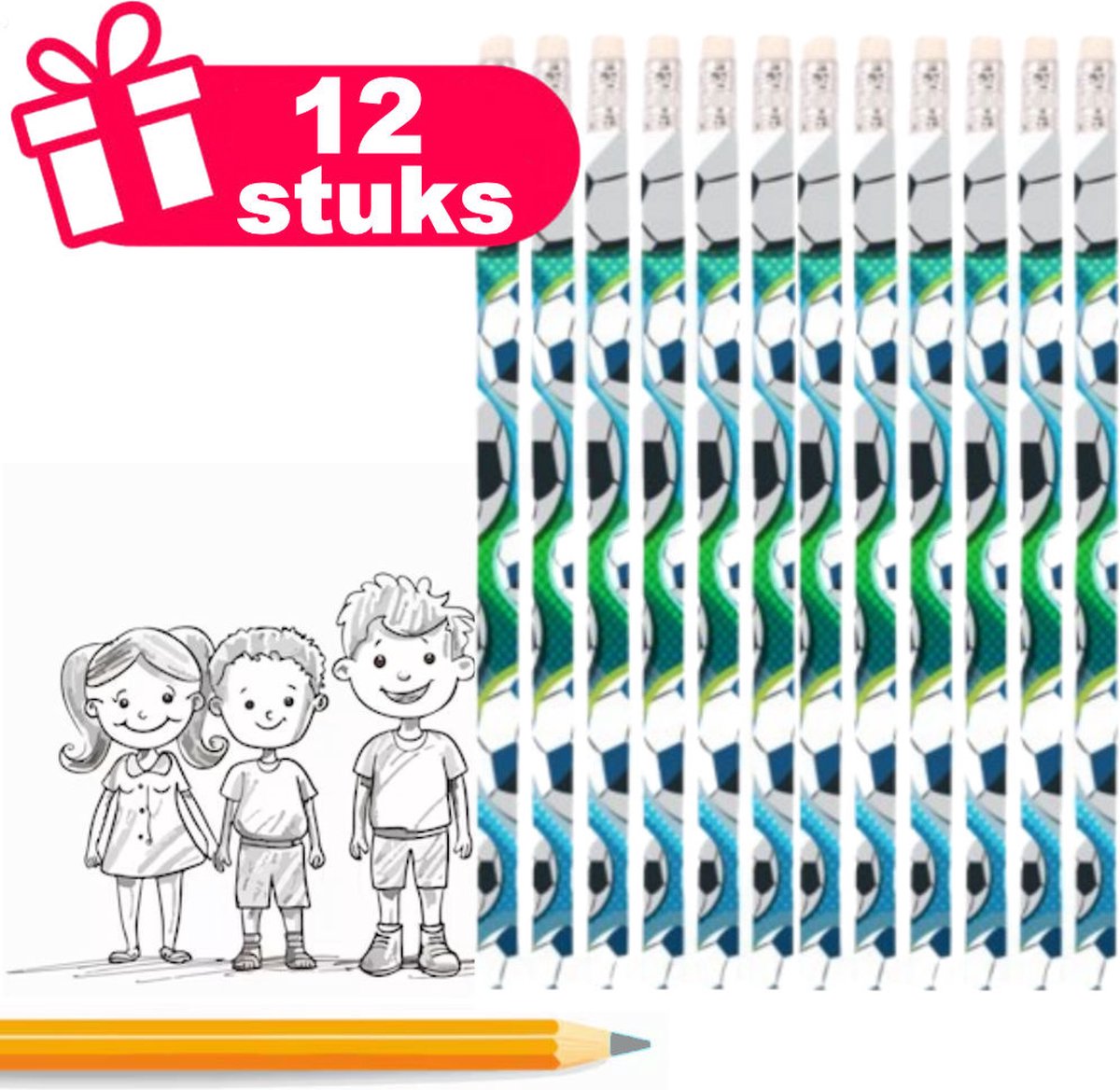 Henbrandt - 12 Stuks Voetbal / Voetballers Potloden met Gum - Uitdeelcadeautjes voor Verjaardag Traktaties - Potood Grabbelton Cadeautjes - Kinderfeestjes - Potloden Kindertraktaties en Weggeefcadeautjes
