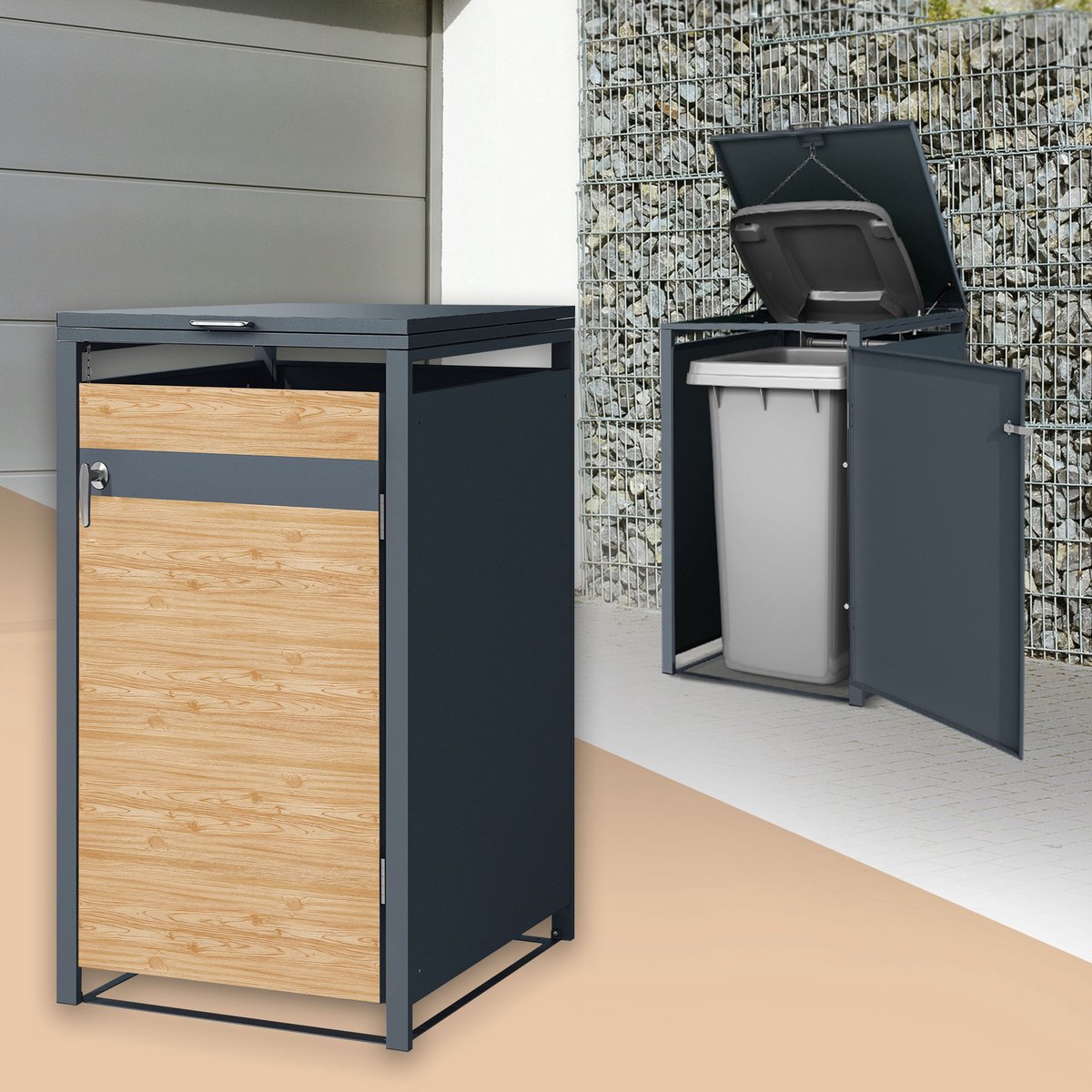 1 Kliko ombouw, Container ombouw tot 240L 68x80x116,3 cm gemaakt van staal in lariks look ML design