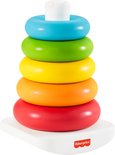 Fisher-Price stapelpiramide met vijf gekleurde ringen: rood, oranje, geel, groen en blauw, op een witte basis.