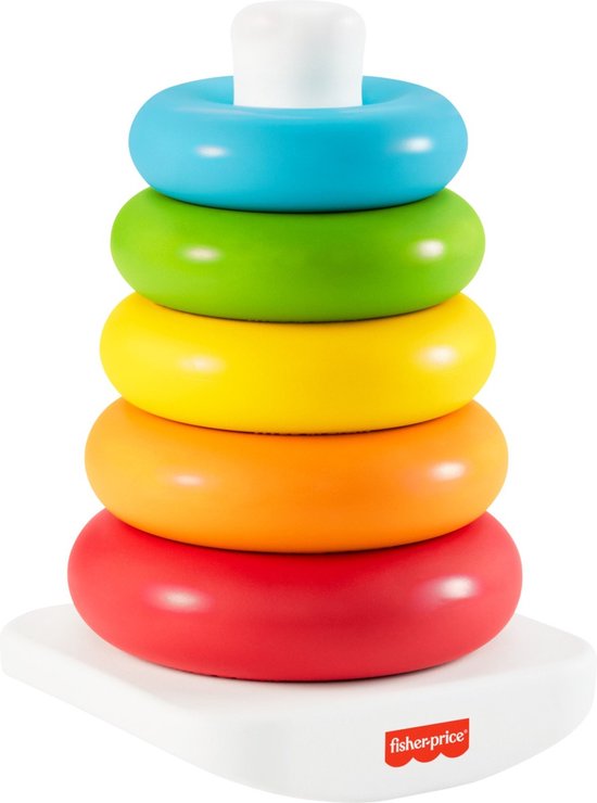 Fisher-Price stapelpiramide met vijf gekleurde ringen: rood, oranje, geel, groen en blauw, op een witte basis.