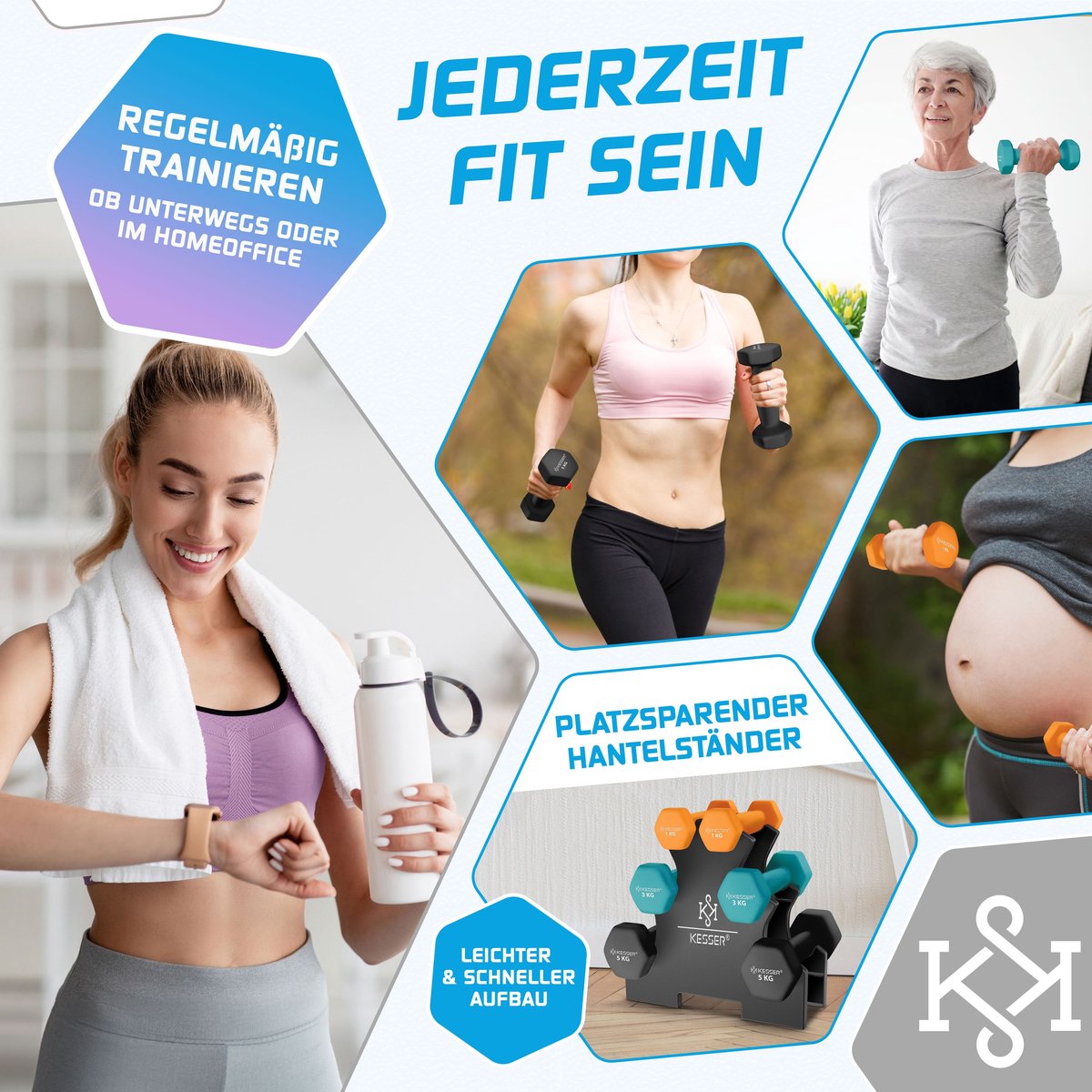 KESSER® Dumbells Set 3 Paren (2x 1, 2 & 5kg) = 18 kg totaal | 6x Dumbbells verstelbaar Geschikt voor Fitness Zumba & Aerobics | Halters Gewichten Set met Standaard | Halterset met oefeningenboekje, 2x fitnessbanden – foto 7