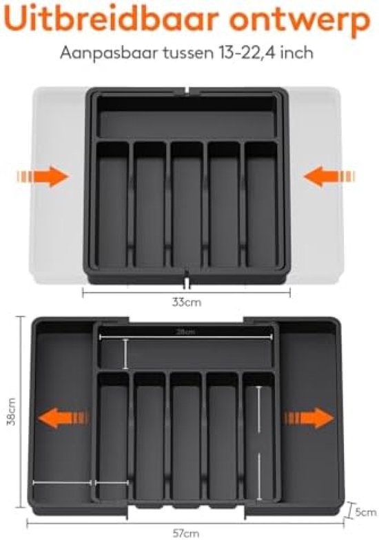 VaeFae Bamboe Zilverwerk Lade Organizer Keuken, Uitbreidbaar Gebruiksvoorwerp Houder en Bestek Lade met Divider | 13-21.6 Bestek Opslag en Verwijderbaar Messenblok (Zwart