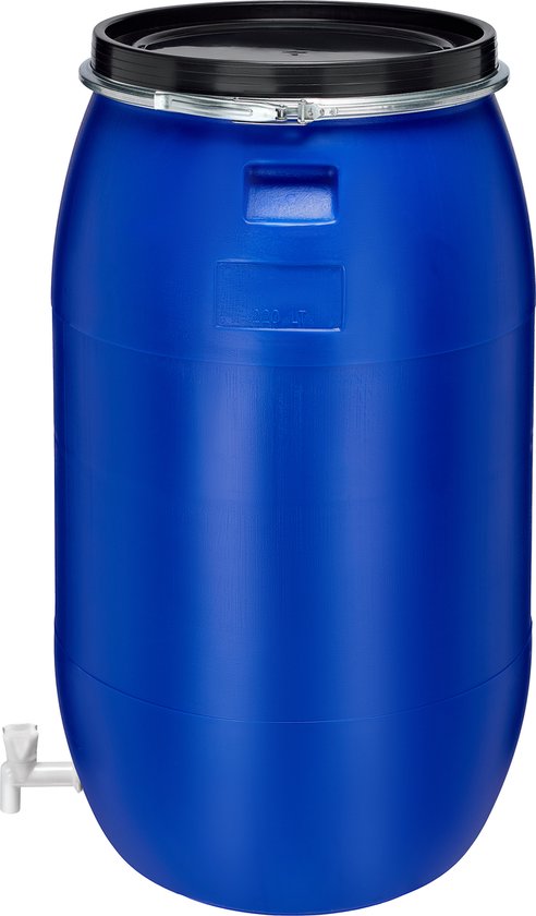 Garronda 120l Kunststof Trommel Met Deksel – Regenton met Kraan - Vat - HDPE - Voedselvat - Tuin Hobbock – Blauw - GD-STE-BarrelP