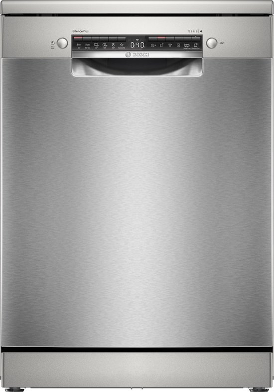 Bosch SMS4EAI28E – Serie 4 – Vrijstaande vaatwasser – 60 cm – Geborsteld staal – Anti-fingerprint – Energielabel A – Home Connect