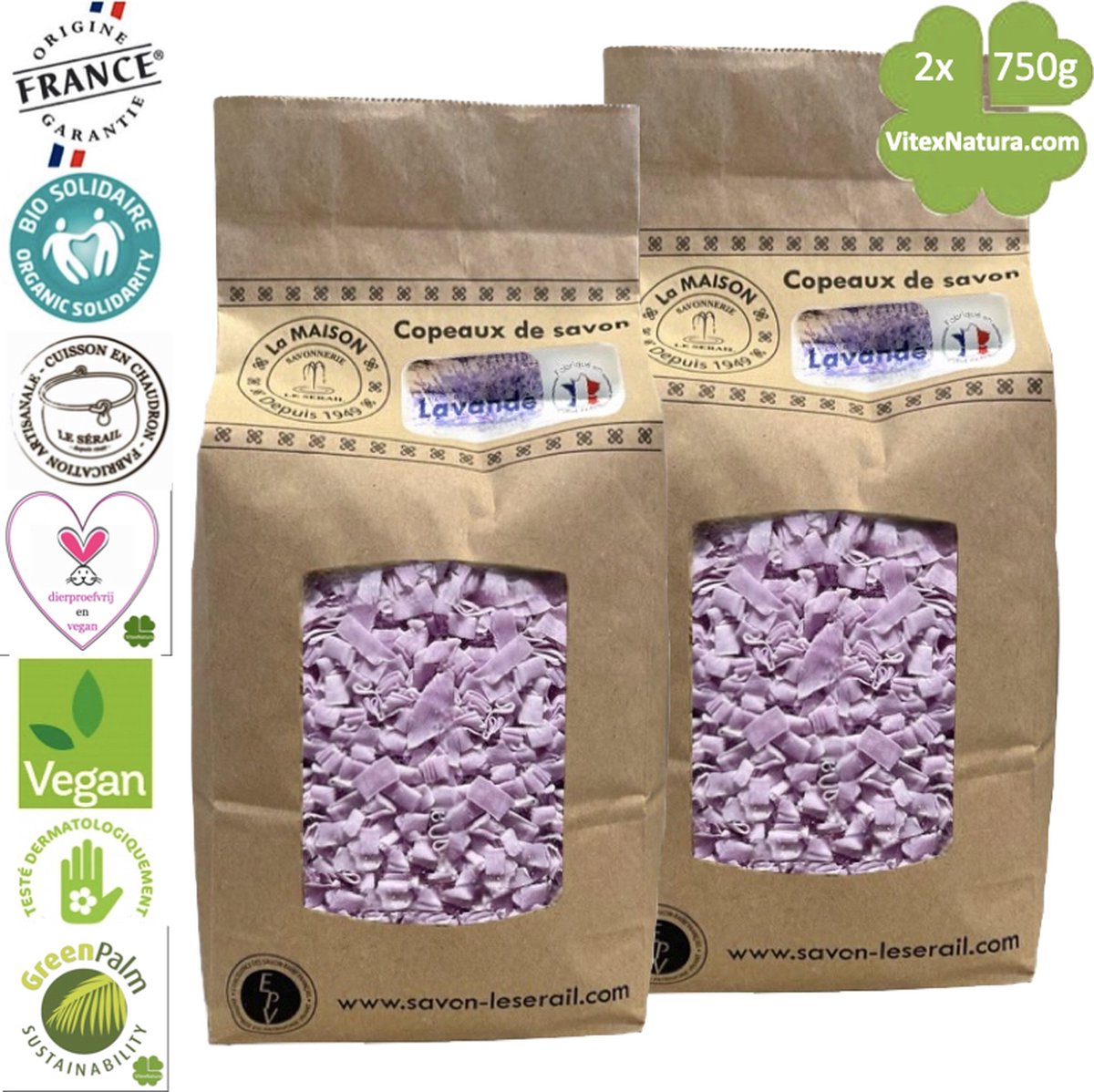 Goedkoopste Marseille zeepvlokken met lavendel olie | 2x 750g | Ecologisch en Milieuvriendelijk | Ambacht | Le Serail