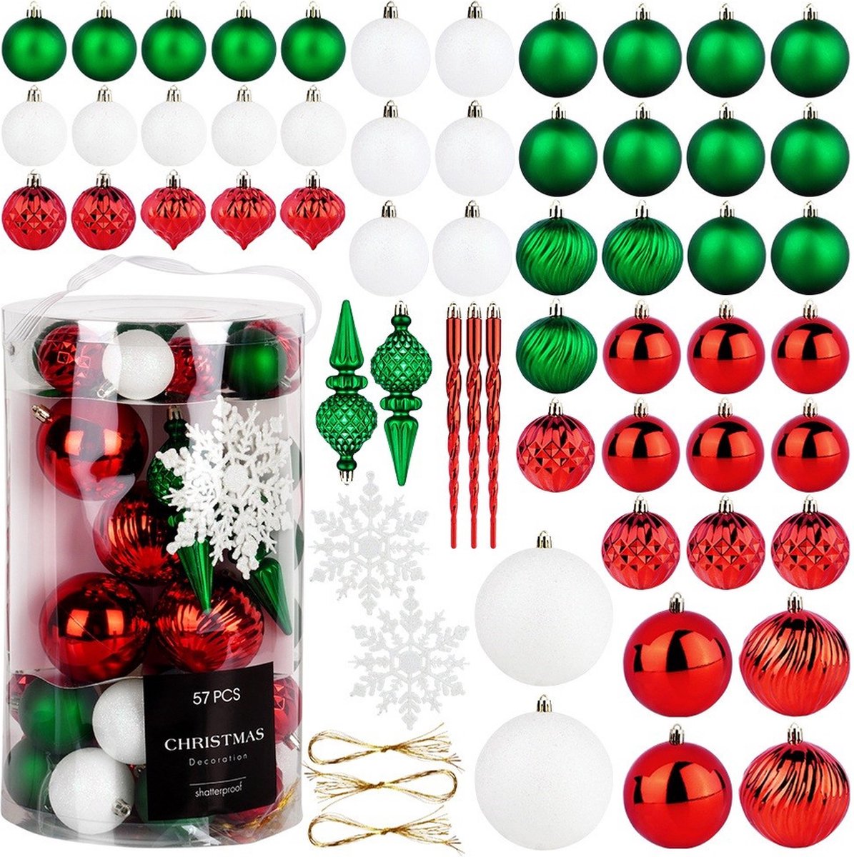 Kerstballen Set Onbreekbaar Rood Groen Wit 57 szt. - Kerstdecoratie