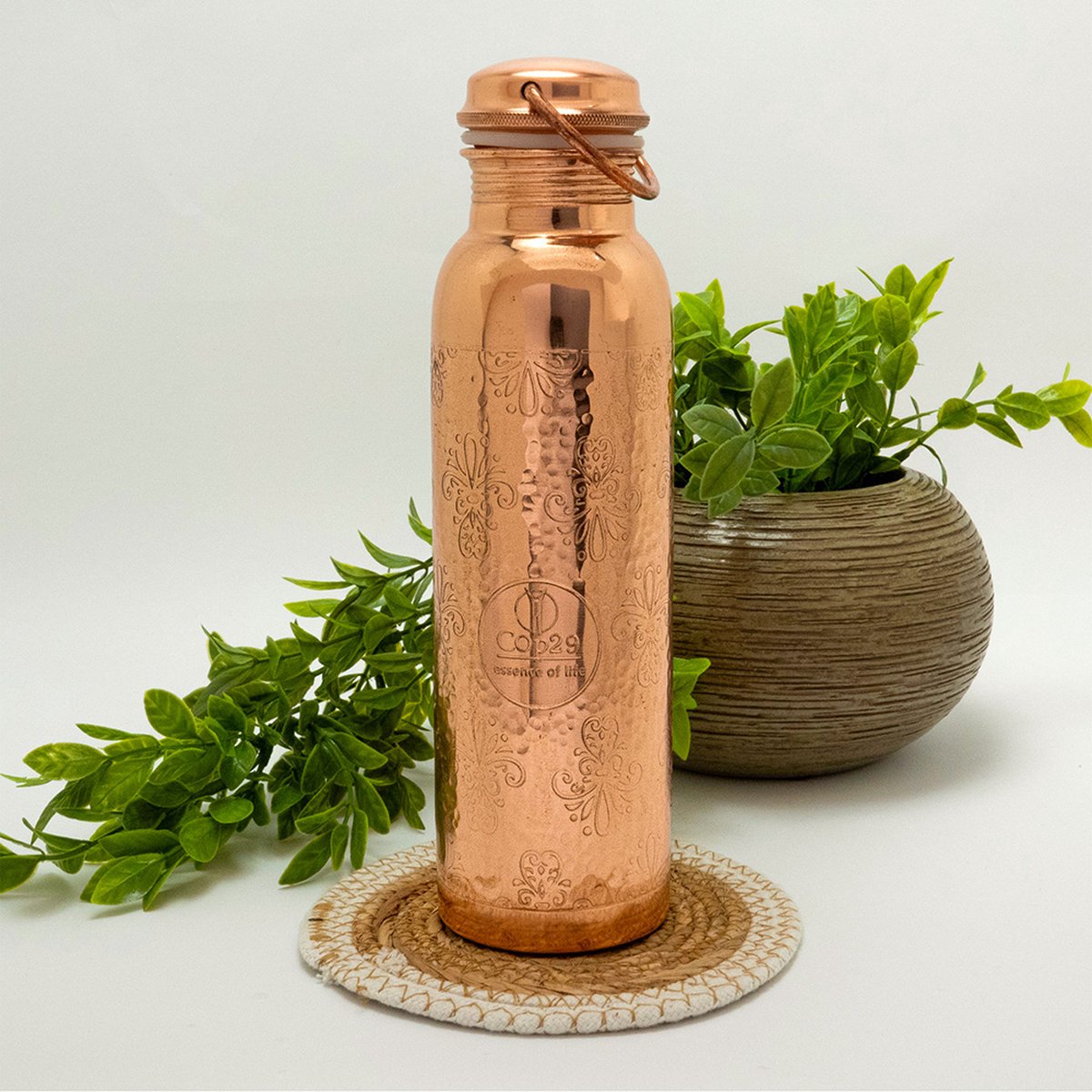 Puur Koperen Waterfles Bloempatroon - 1 liter