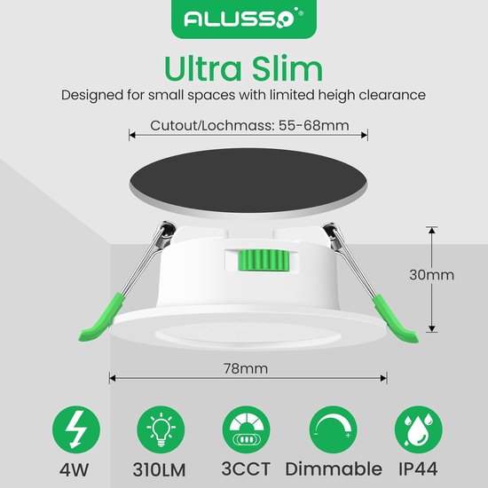 ALUSSO LED Recessed Spotlight, Extra Flat, 8 W, 850 Lm