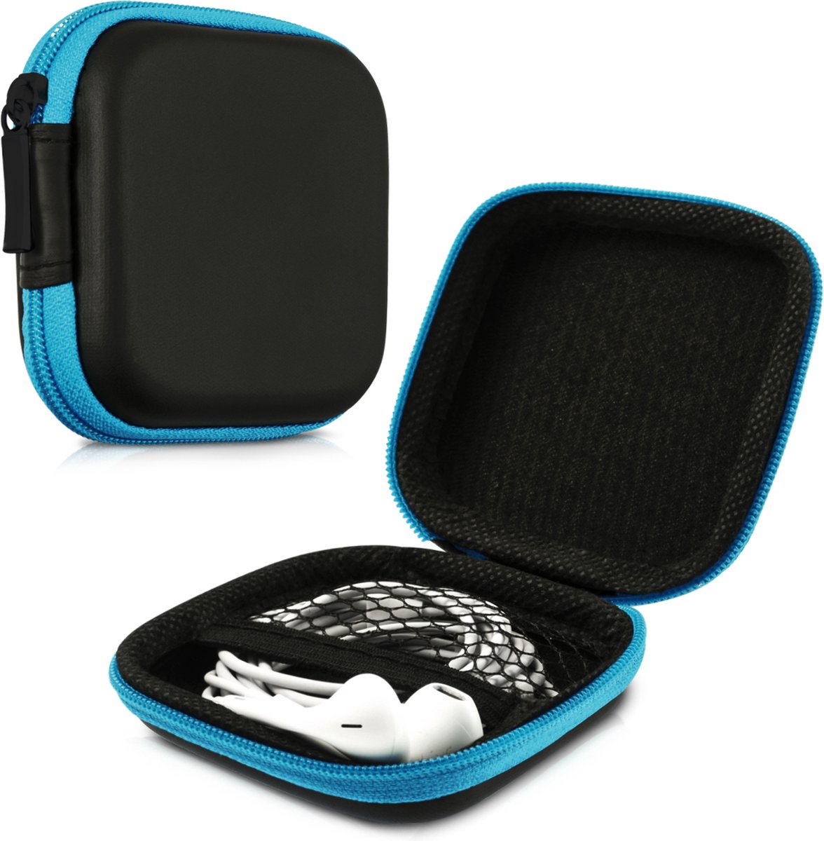 kwmobile Earphone Case for Earbuds - Small Hearing Aid case with inner mesh pouch - Zipper Storage Bag Pouch for Headphones Earbuds - Blue