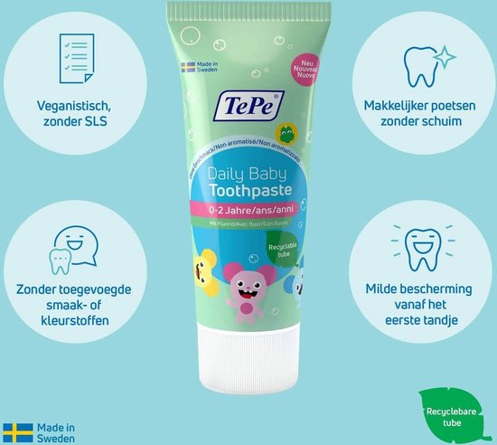 Groene tube TePe Daily Baby Tandpasta met vrolijke tekeningen van dieren en tekstballonnen met kenmerken.