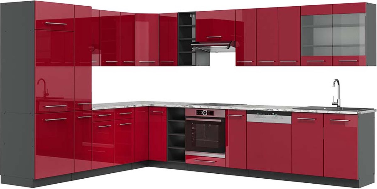 Vicco Hoekkeuken Fame-Line, Bordeauxrode hoogglans/Antraciet, 347 x 257 cm, WB Marmer