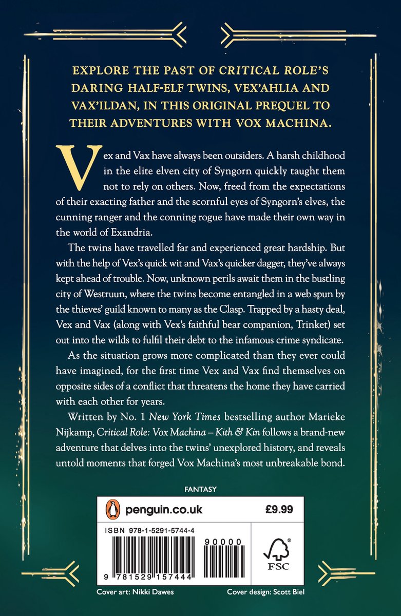 Achterkant van het boek 'Kith & Kin' met beschrijving van het verhaal, de auteur, Penguin Books logo en ISBN.