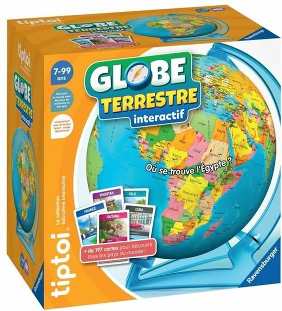 Interactieve aardbol met de vraag "Waar ligt Egypte?" en kaarten van Frankrijk, Bhutan, Guyana, Fiji en Cuba.