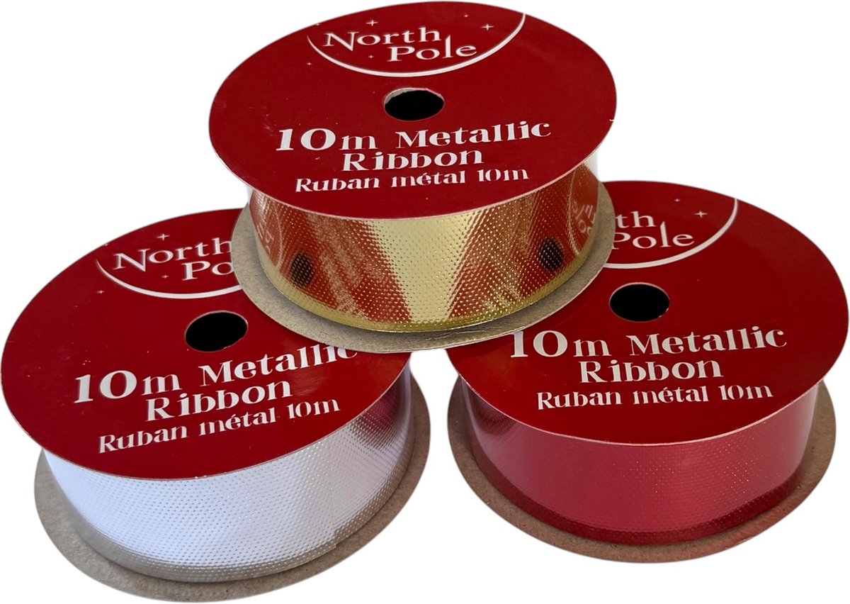 Metallic Decoratie Kerstlint Lint 3 x 10 Meter - Goud, Zilver, Rood