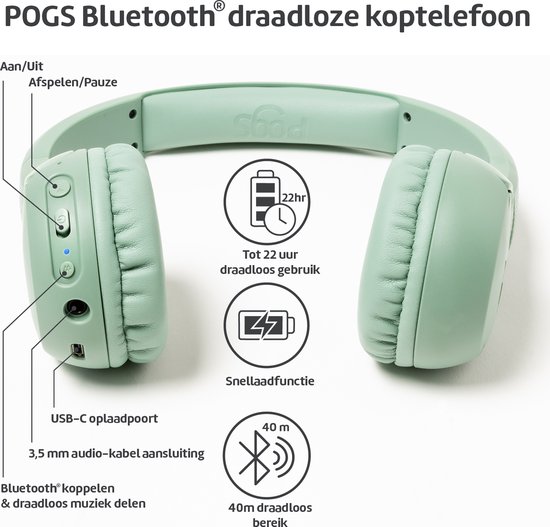 POGS - The Gecko 2 - Draadloze on-ear kinder koptelefoon - Bluetooth - Veilige volumebegrenzing - Duurzaam - Gratis app voor extra functies - rGroen