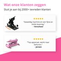 Testimonials met sterren en afbeeldingen van een zwarte en een roze sek machine.