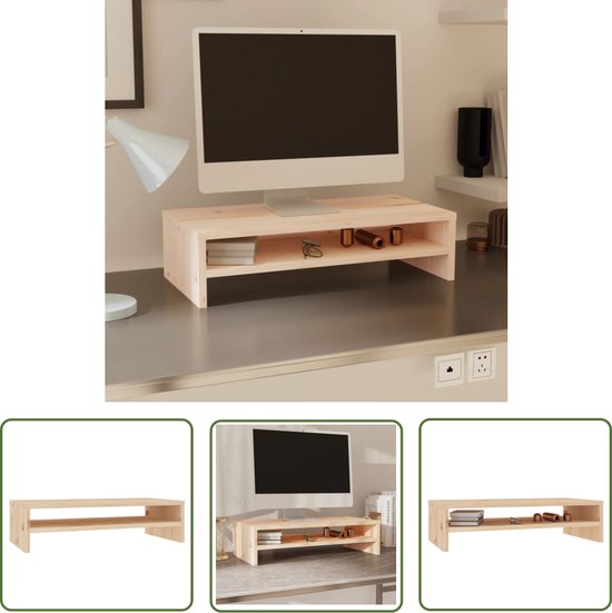 The Living Store Support pour moniteur - Meuble de bureau en bois - 50x24x13 cm - Bois de pin Massief