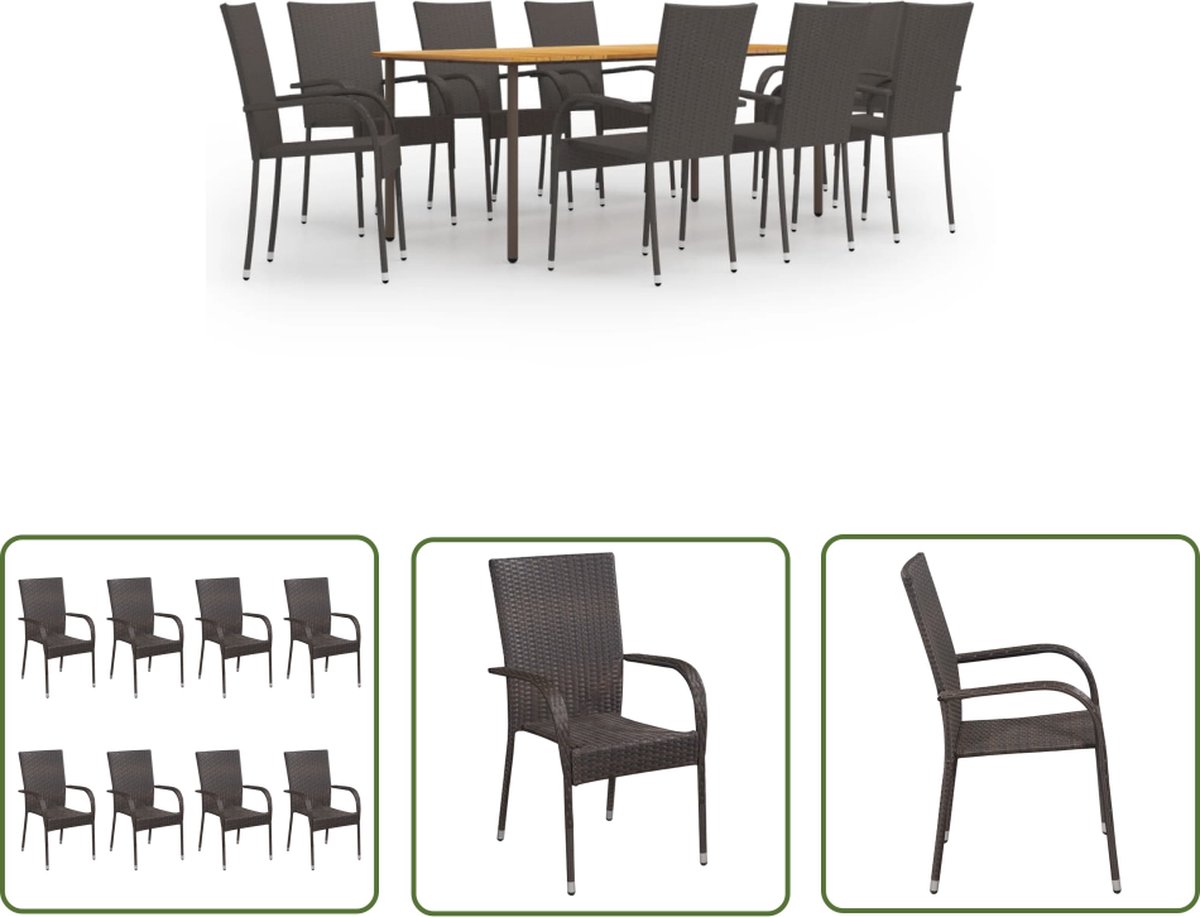 Tuinset poly rattan bruin met metalen tafel en acacia houten stoelen.