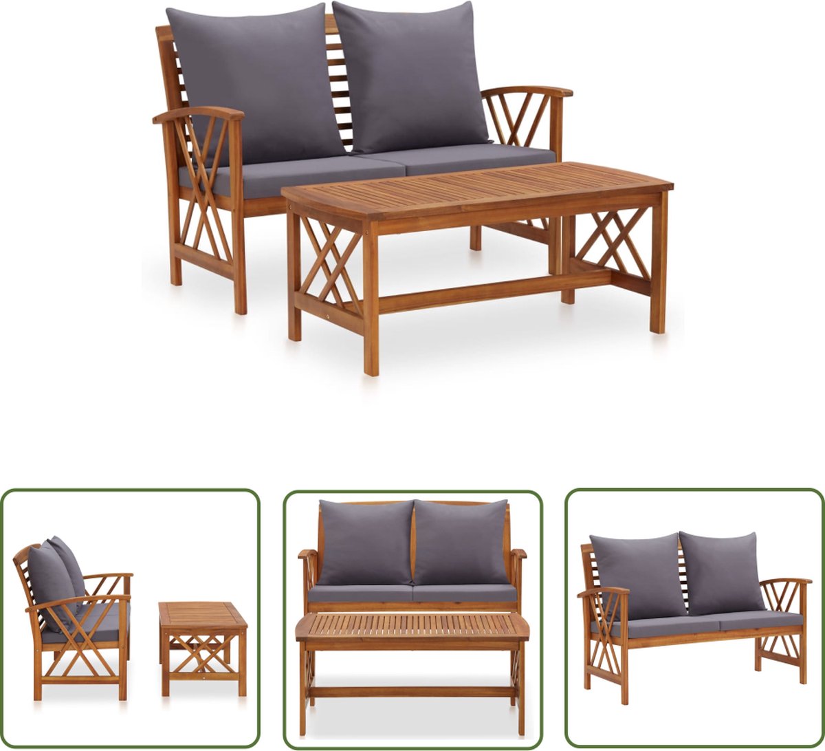 Massief acaciahouten loungeset met kussens in vintage stijl voor tuin.