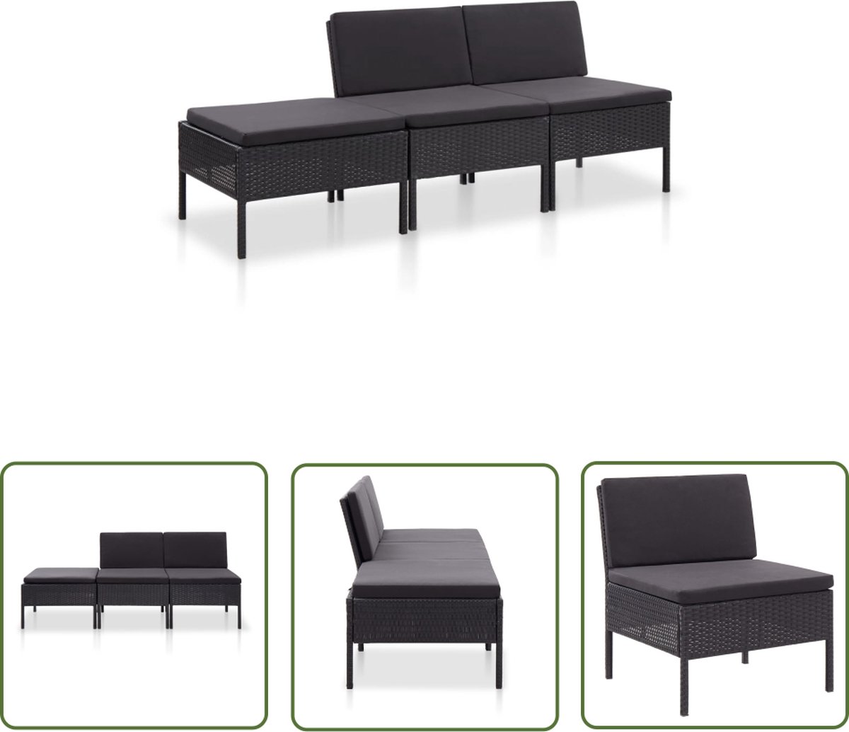 The Living Store 3-delige Loungeset met kussens poly rattan zwart - Loungeset - Tuinset - Loungestoel - Buis Meubilair - Outdoor Furniture