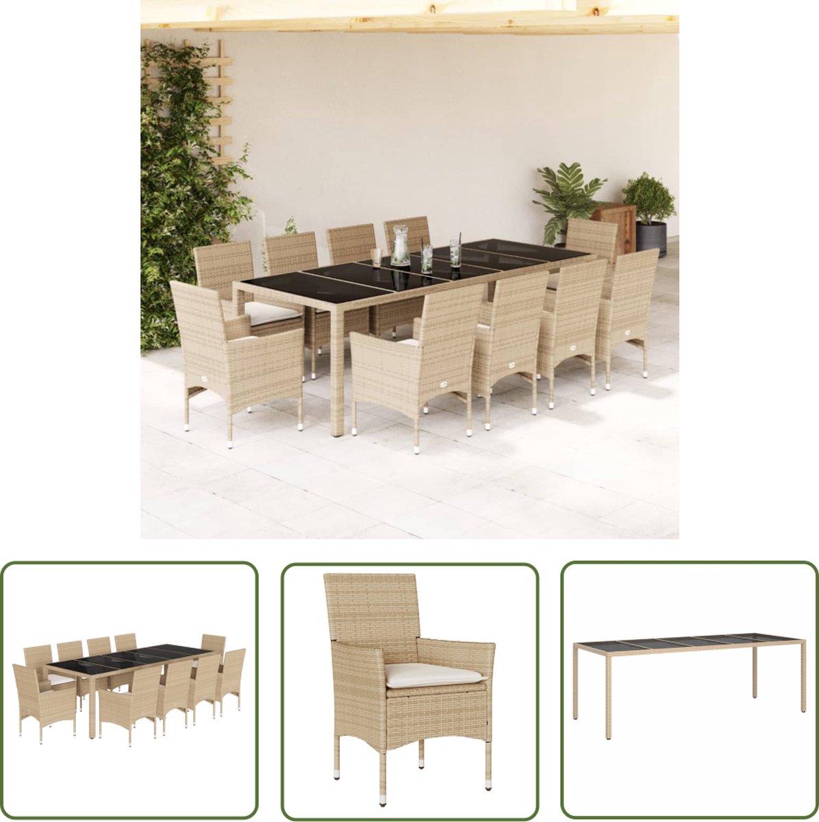 Tuinset met beige poly rattan kussens en glazen tafelblad - The Living Store.