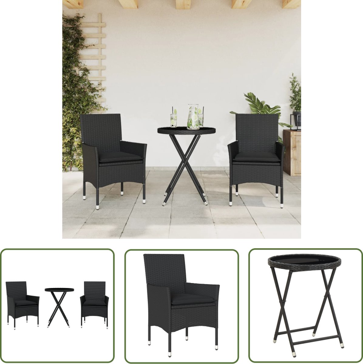The Living Store 3-delige Bistroset met kussens poly rattan en glas zwart - Tuinsets - Bistroset - Buis Meubel - Buitenkamer - Lounge Set