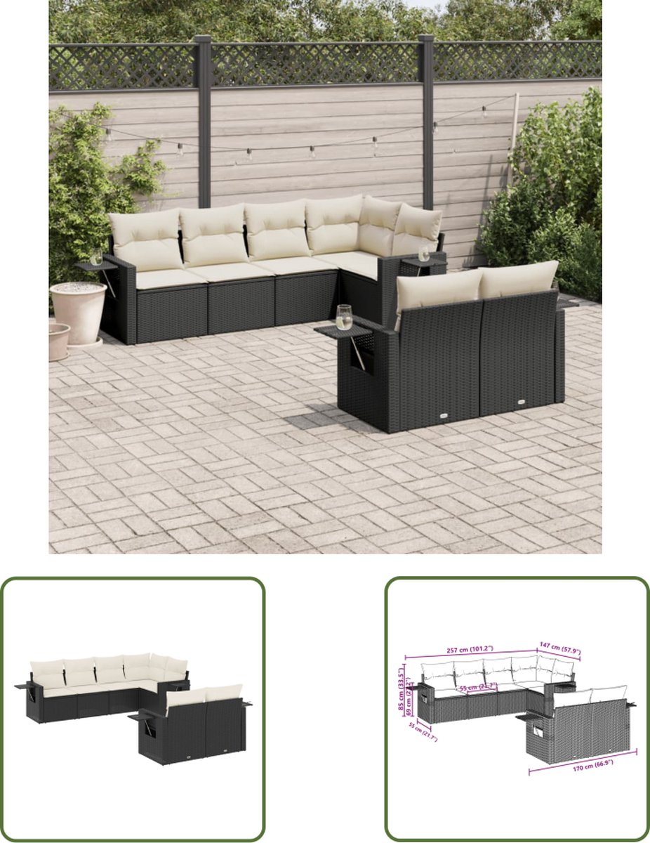 The Living Store 7-delige Loungeset met kussens poly rattan zwart - Loungeset - Tuinset - Lounge Set - Buitendecoratie - Tuinmeubels