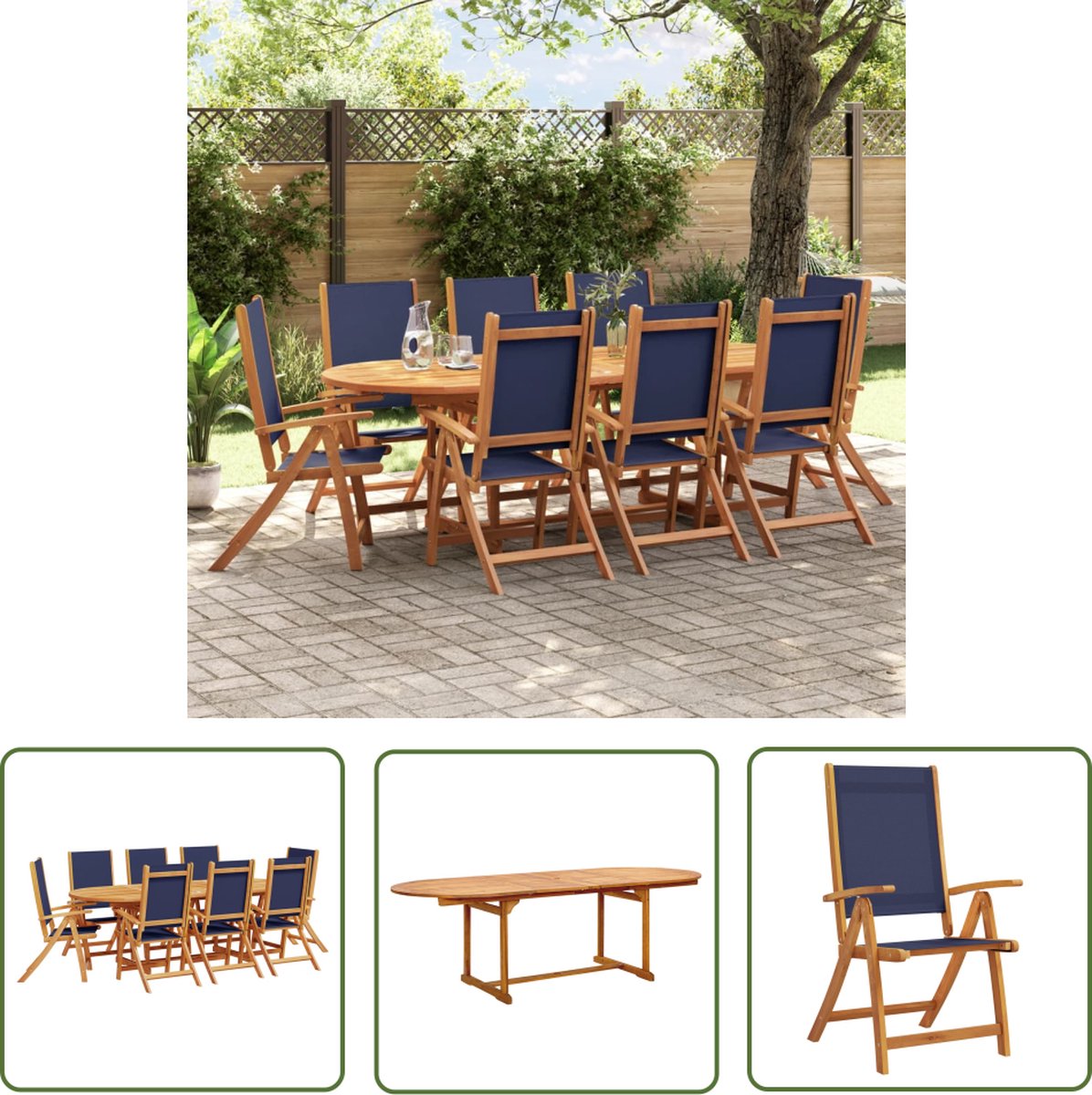 The Living Store 9-delige Tuinset massief acaciahout en textileen - Tuinmeubelen - Acacia Hout - Eetkamerset - Buitentafel - Tuinstoelen