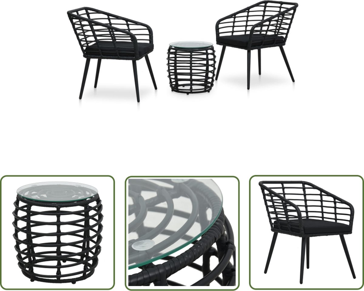 Zwart poly rattan bistroset met tuinstoelen en tafel - Patio meubels.