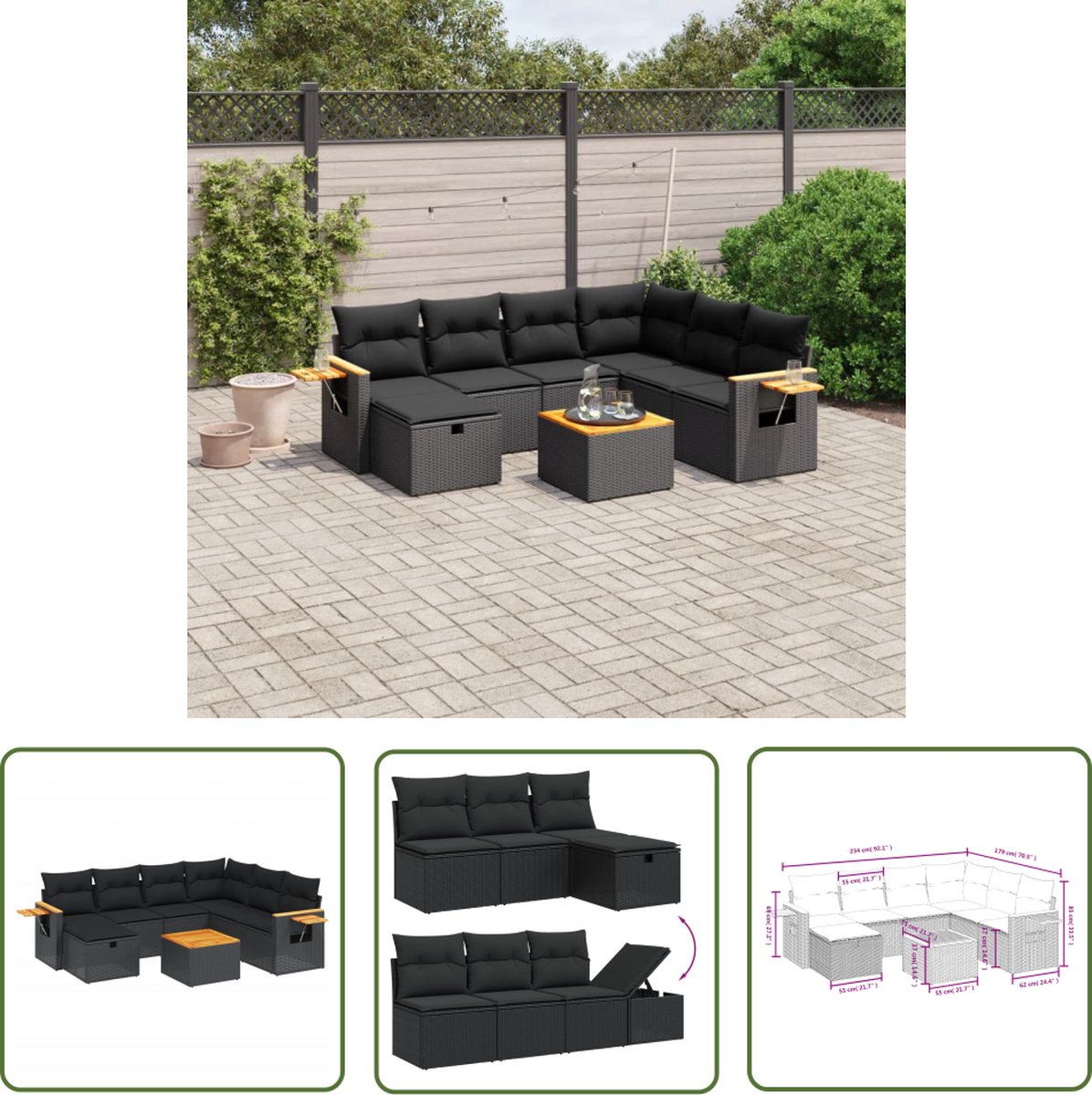 The Living Store 8-delige Loungeset met kussens poly rattan zwart - Loungeset - Tuinlounge - Lounge Set - Buitendiner - Outdoor Furniture