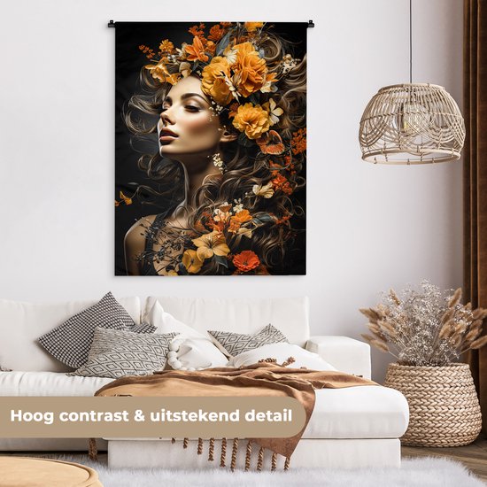 Wandkleed 90x120 cm - Wanddoek Vrouw - Portret - Bloemen - Kleurrijk - Wandtapijt - Wandkleden