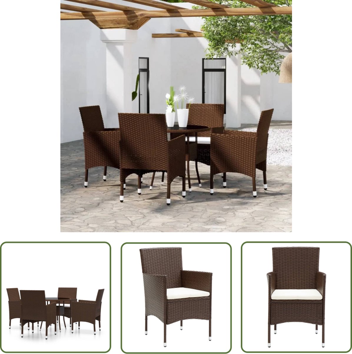 The Living Store 5-delige Bistroset poly rattan en gehard glas bruin - Tuinstoel - Tuintafel - Bistroset - Buitenshuis Eten - Lounge Set