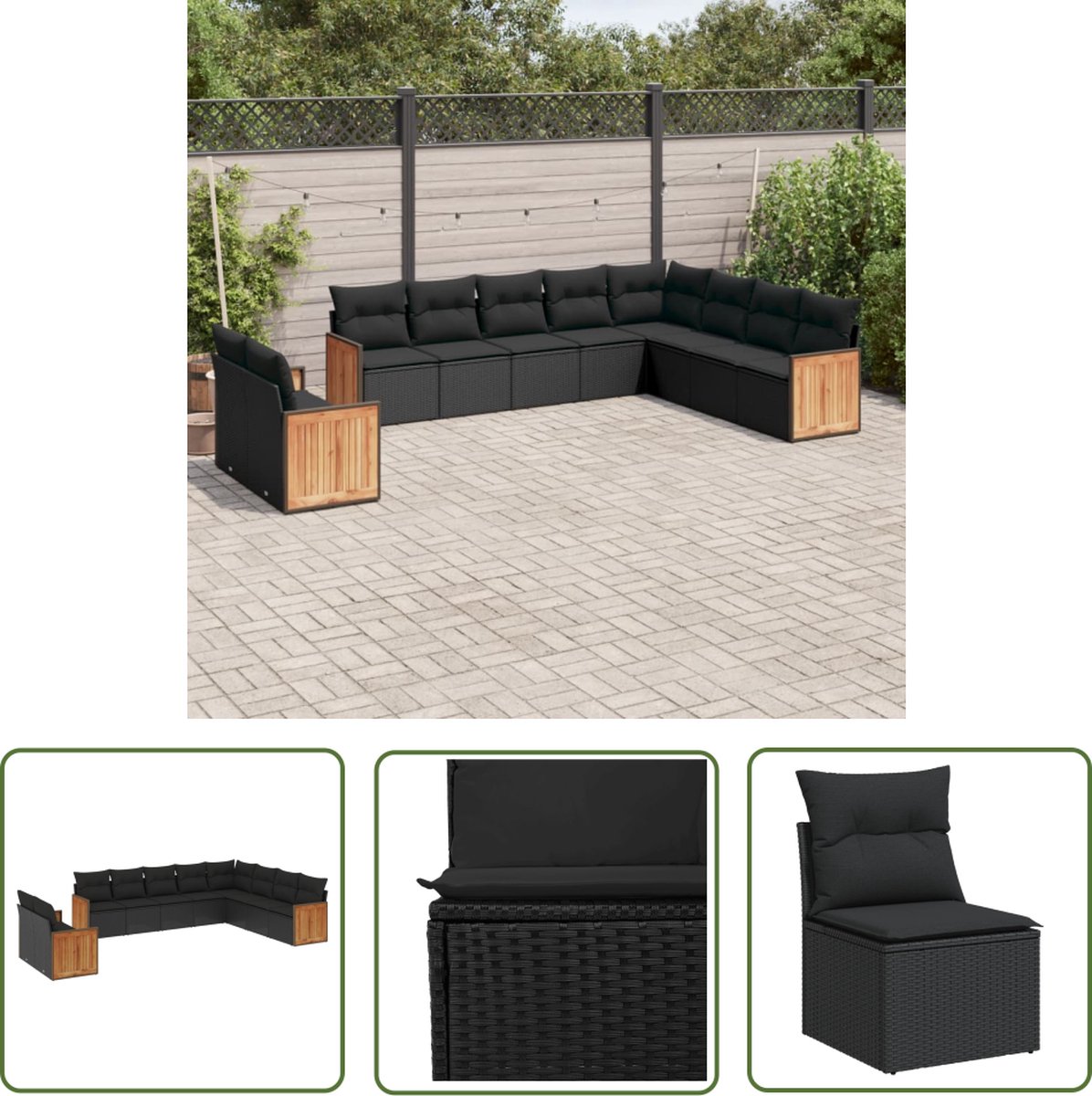 The Living Store 10-delige Loungeset met kussens poly rattan zwart - Loungeset - Tuinset - Buitendecoratie - Lounge Set - Outdoor Furniture