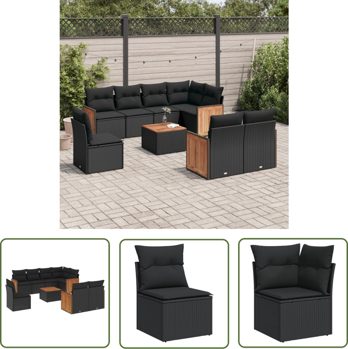 The Living Store 9-delige Loungeset met kussens poly rattan zwart - Loungeset - Tuinmeubels - Lounge Set - Buitendining - Outdoor Furniture