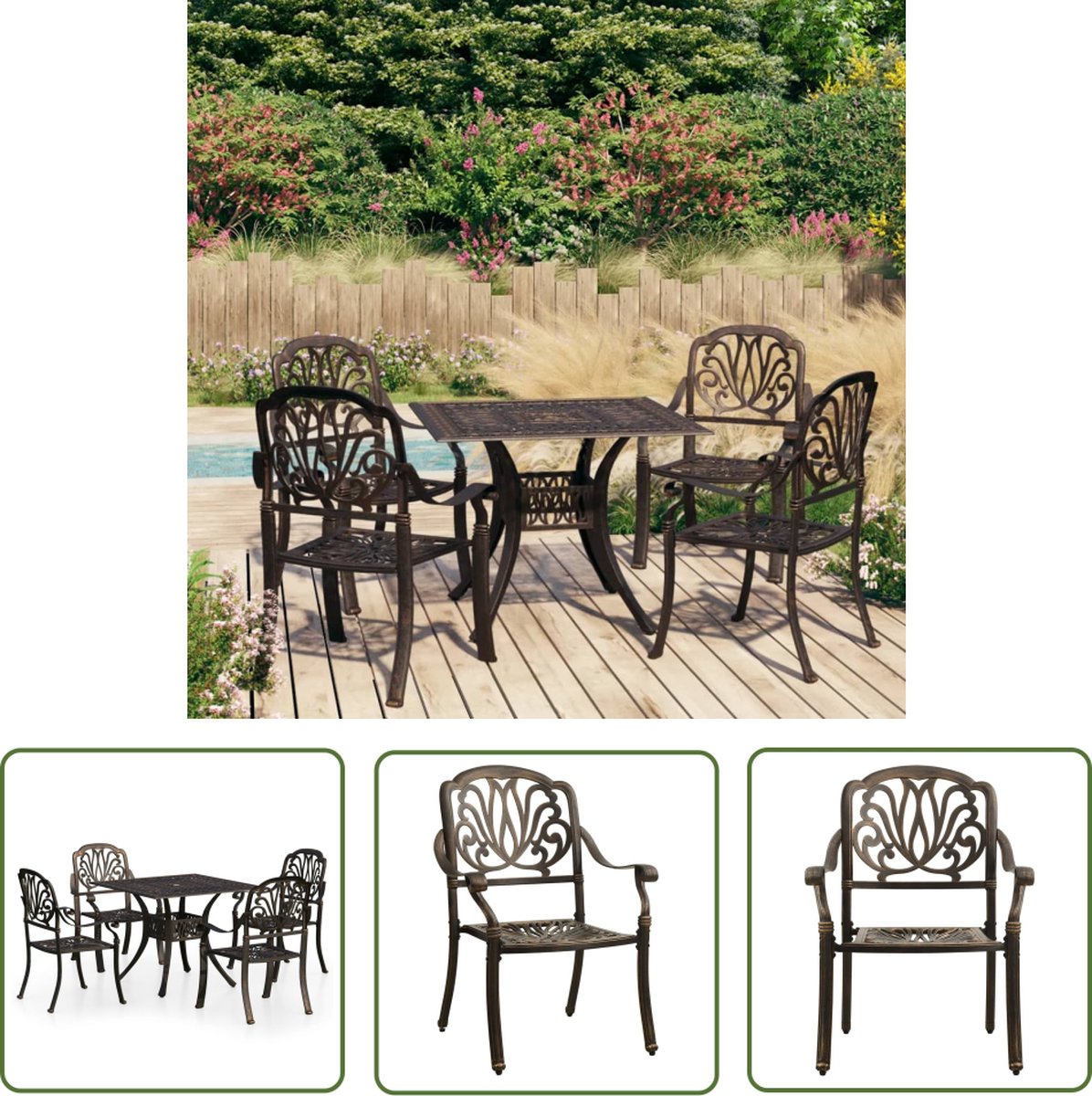 The Living Store 5-delige Bistroset gietaluminium bronskleurig - Tuinmeubels - Bistroset - Buitentijd - Aluminum - Bruine Kleur