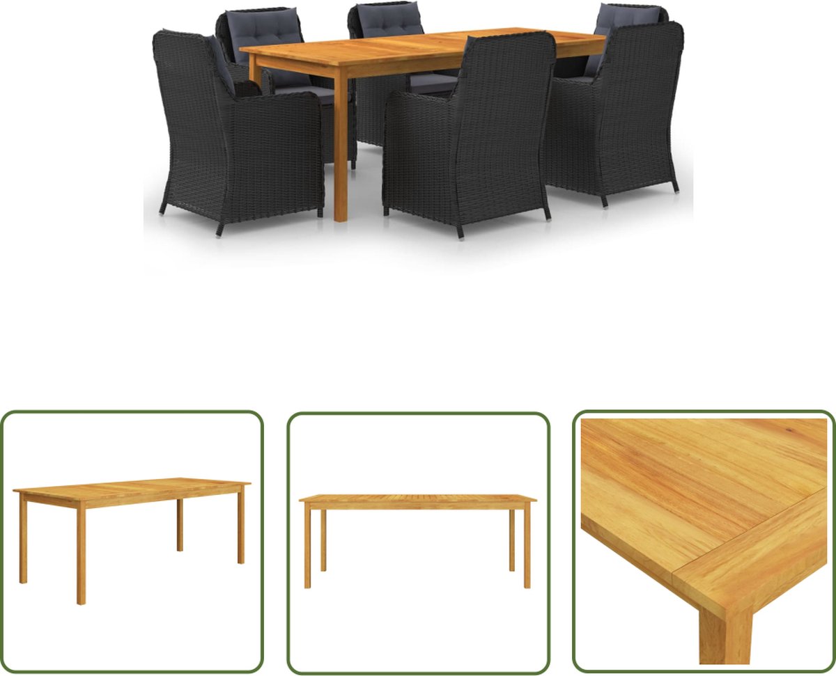 The Living Store 7-delige Tuinset zwart - Tuinstoel - Tuintafel - Acacia Hout - Eetkamerset - Buitendining