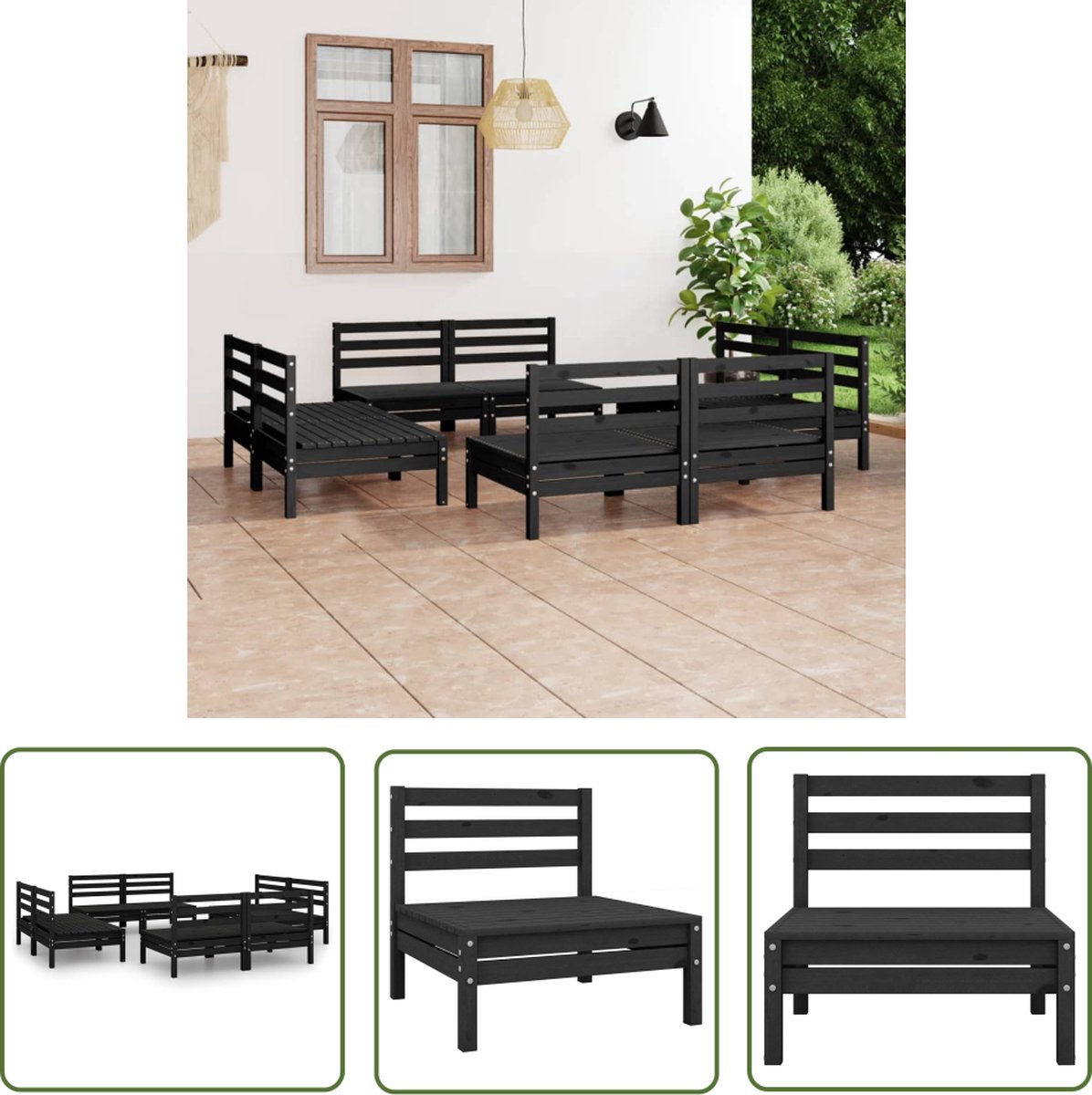Massief zwart grenenhouten loungeset met 8 delen - Tuin Lounge Set.