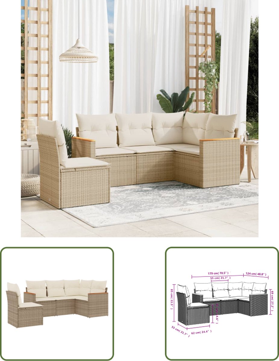 5-delige Loungeset poly rattan beige met kussens - Tuinmeubilair - Buitendecoratie