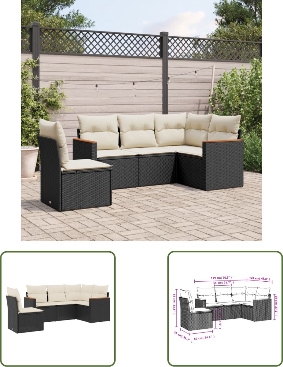 The Living Store 5-delige Loungeset met kussens poly rattan zwart - Loungebank - Tuinset - Loungehoek - Buitendecoratie - Outdoor Living