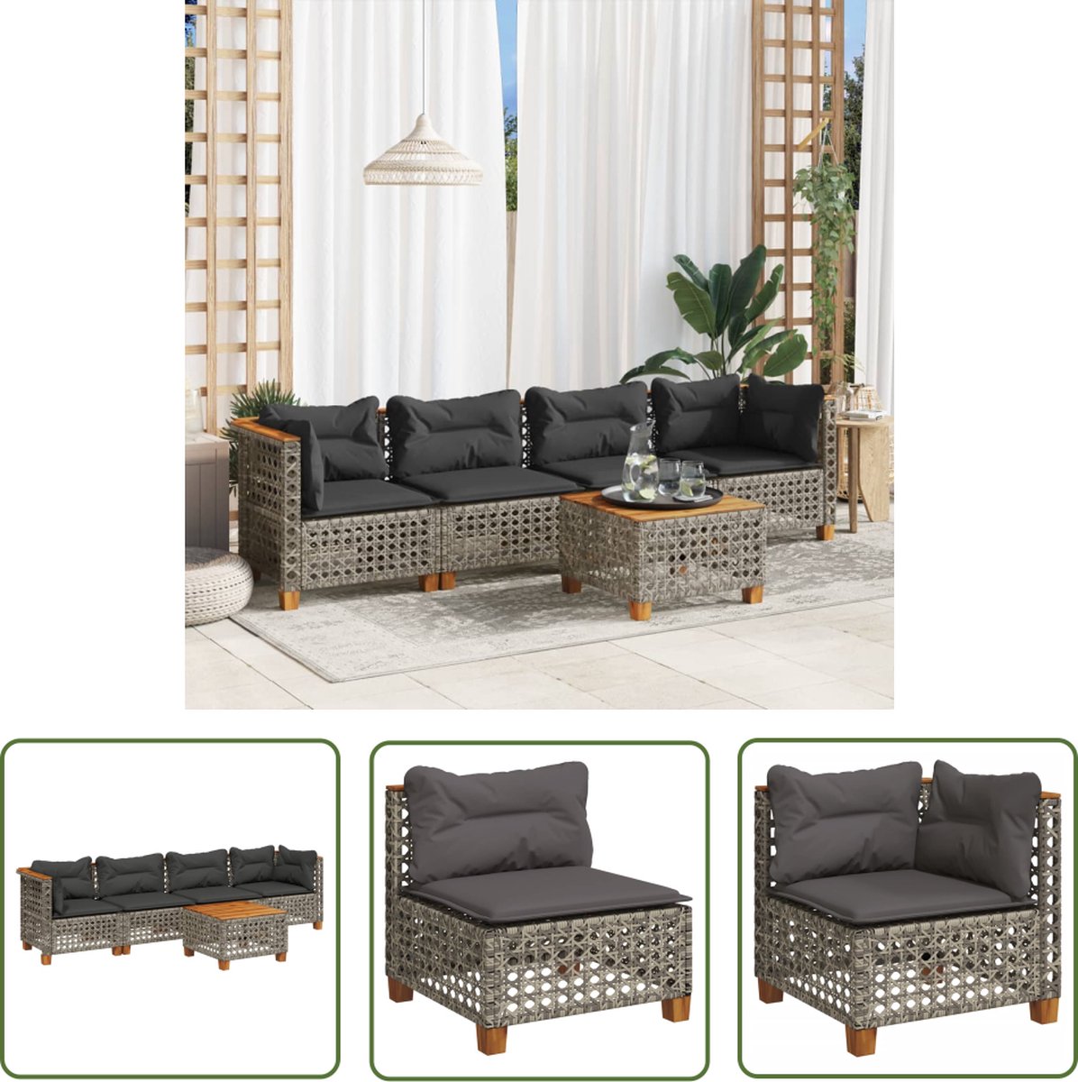 The Living Store 5-delige Loungeset met kussens poly rattan grijs - Loungebank - Lounge Set - Tuinlounge - Buitendining - Tuinmeubels