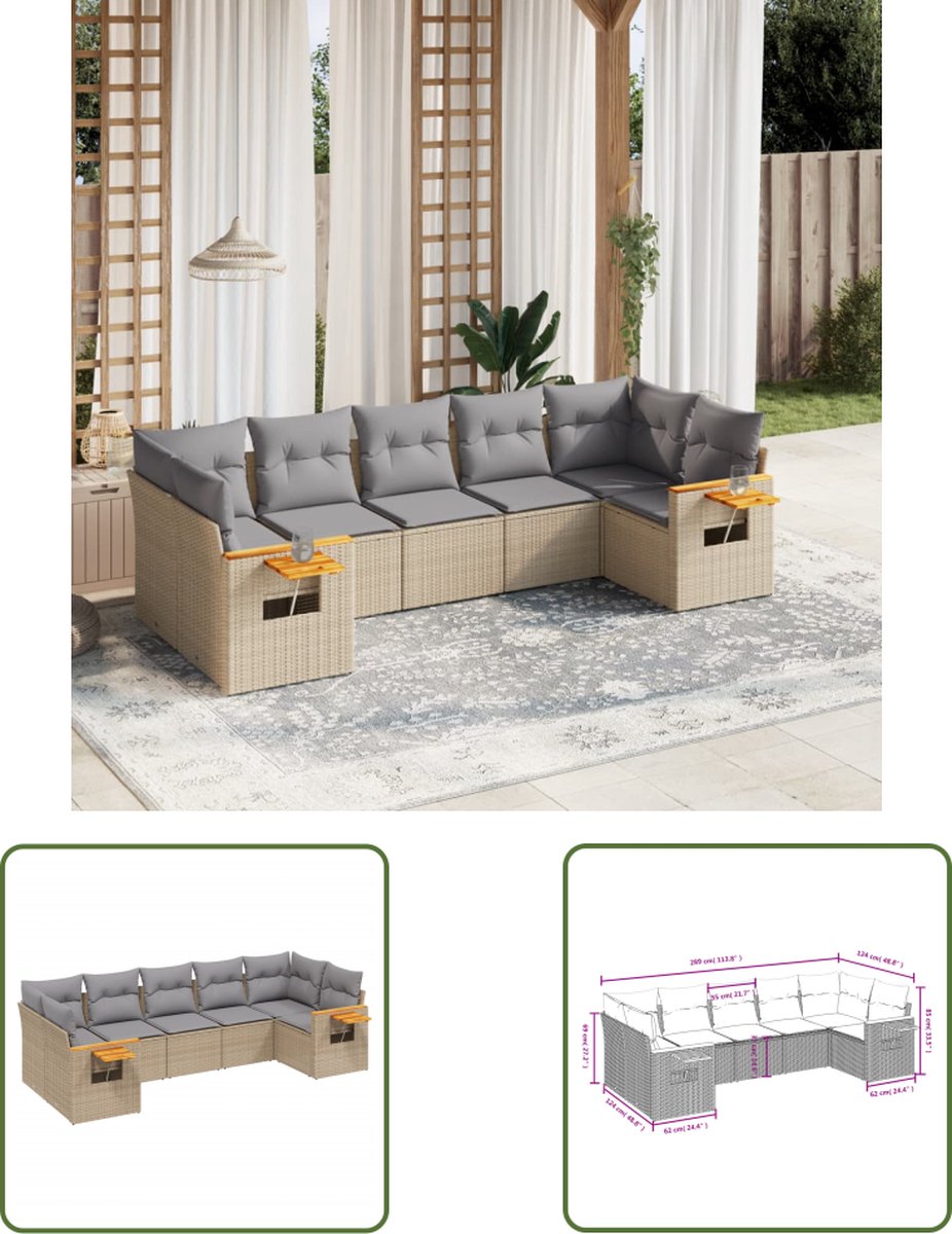 The Living Store 7-delige Loungeset met kussens poly rattan beige - Loungeset - Tuinset - Lounge Set - Tuinmeubels - Rattan Meubel