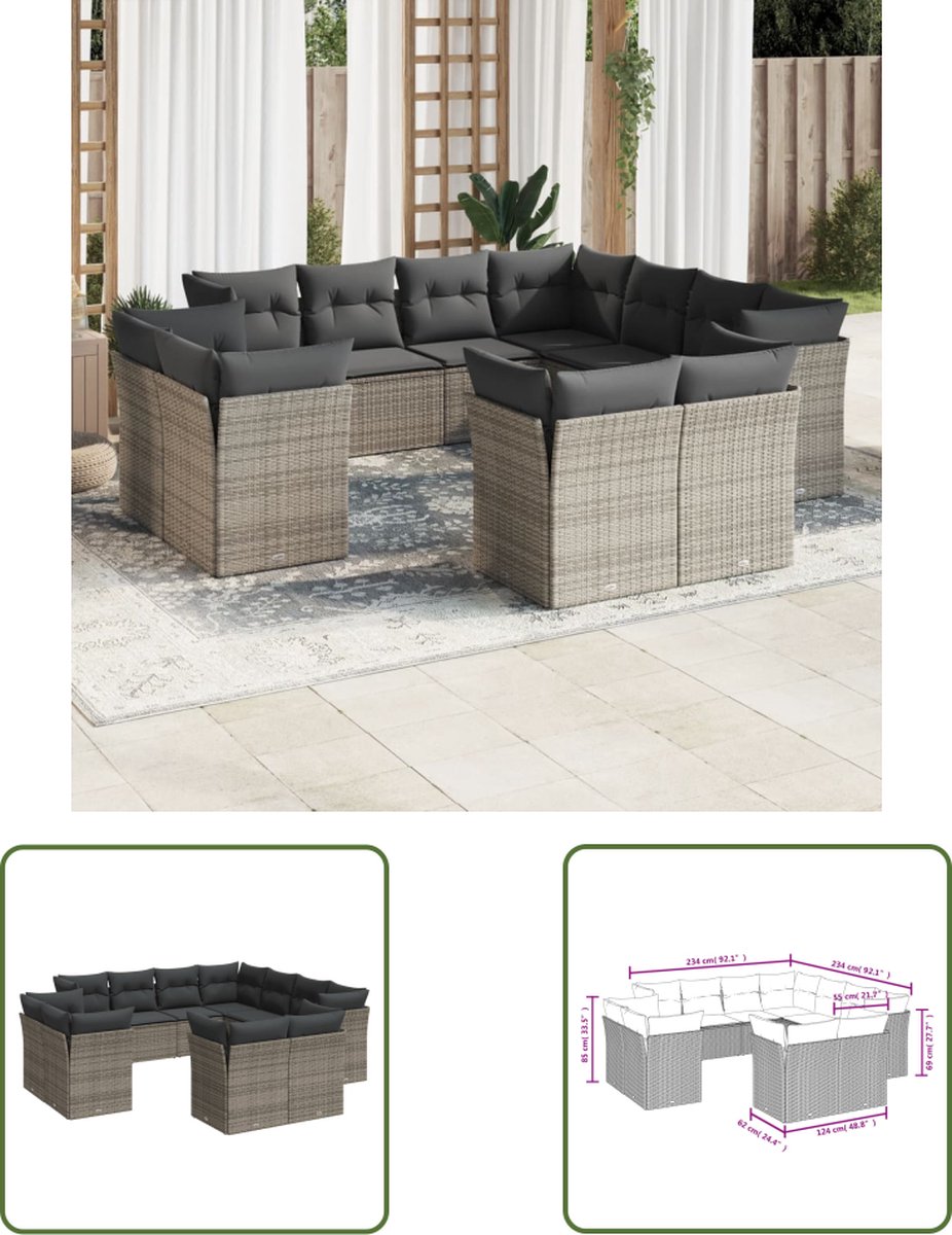 Grijze poly rattan loungeset met kussens voor tuin of terras.