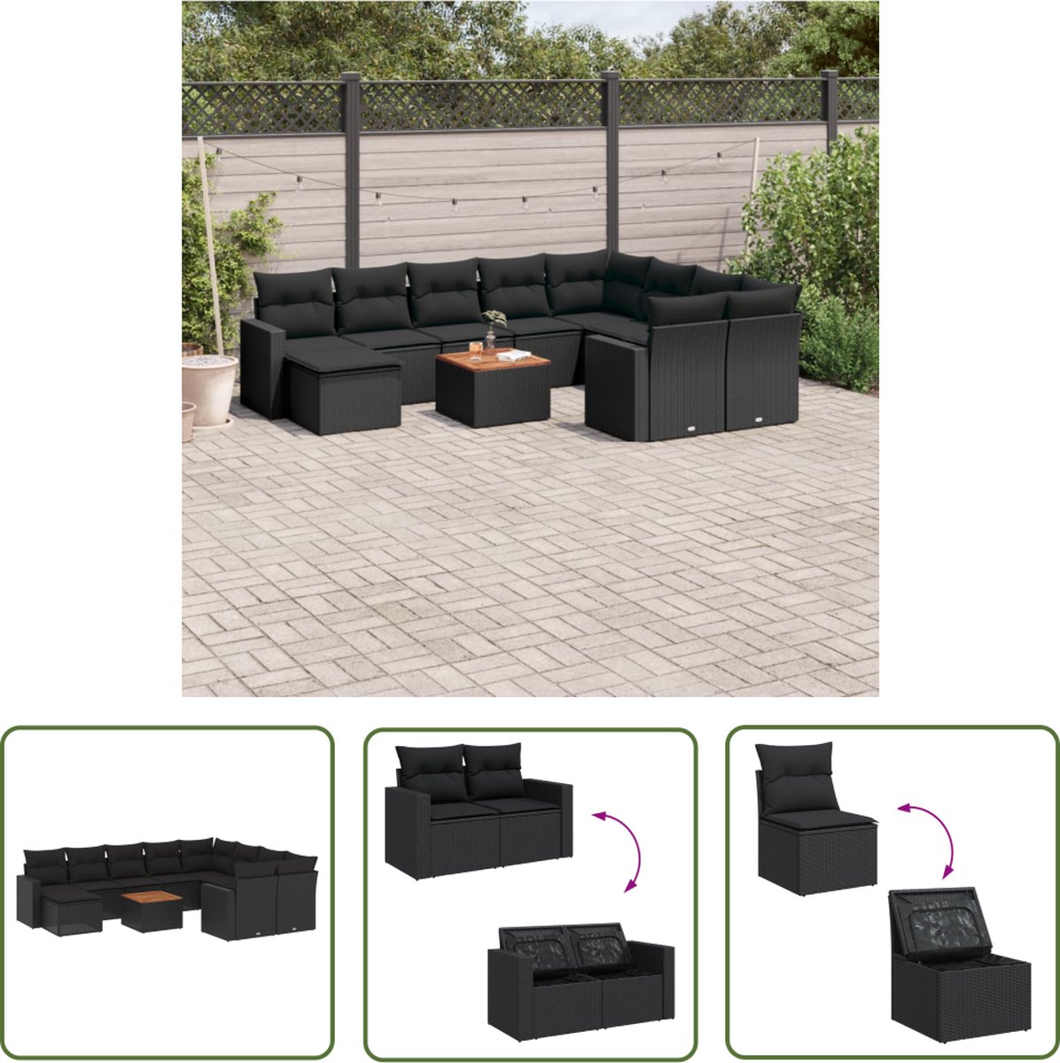 The Living Store 11-delige Loungeset met kussens poly rattan zwart - Loungeset - Tuinlounge - Lounge Set - Buitendining - Outdoor Furniture
