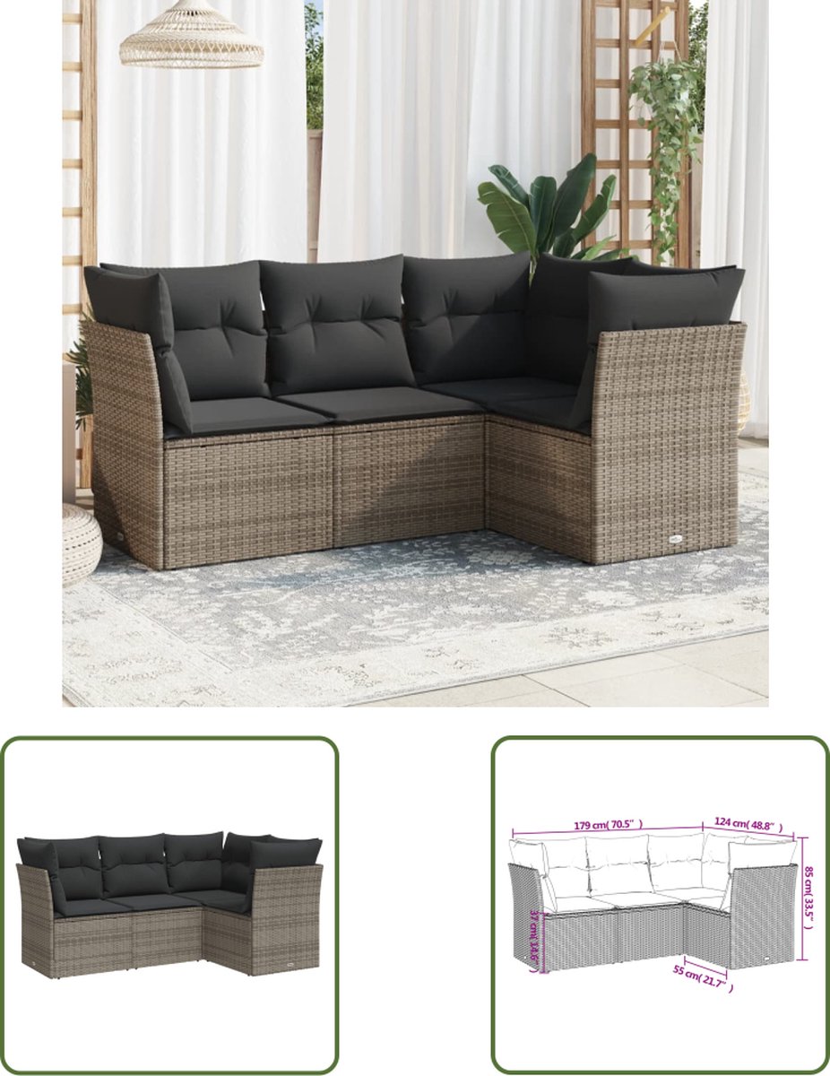 The Living Store 4-delige Loungeset met kussens poly rattan grijs - Loungeset - Tuinset - Lounge Set - Tuinbank - Buitentijnen