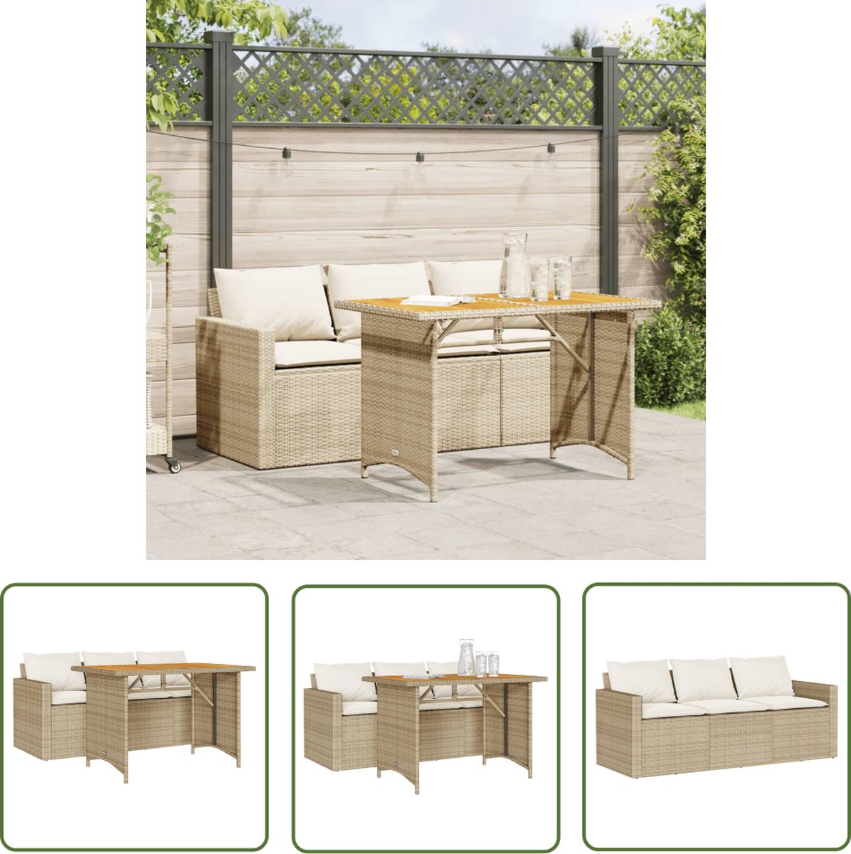 The Living Store 2-delige Tuinset met kussens poly rattan beige - Tuinstoel - Lounge Set - Buitentijnen - Terrassenset - Acacia Hout