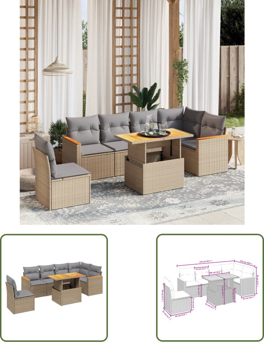 The Living Store 7-delige Loungeset met kussens poly rattan beige - Lounge Set - Tuinmeubels - Loungehoek - Buitendecoratie - Pe Rattan