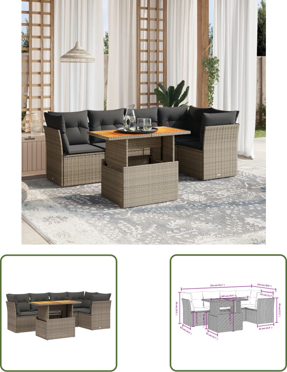 The Living Store 5-delige Loungeset met kussens poly rattan grijs - Loungebank - Tuinset - Loungehoek - Tuinmeubels - Outdoor Furniture