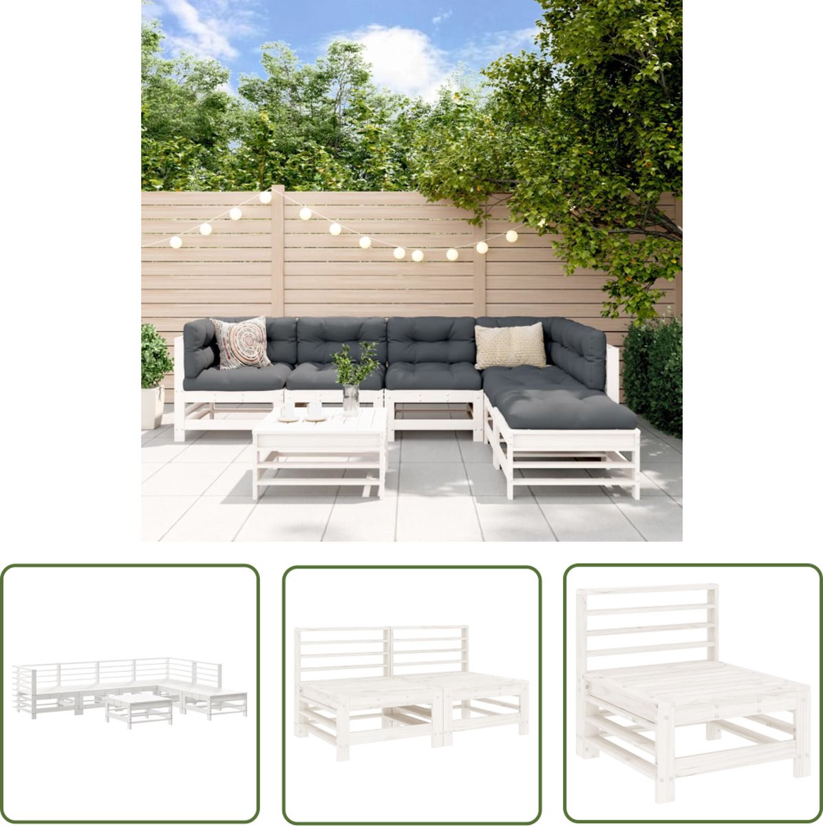 The Living Store 7-delige Loungeset massief grenenhout wit - Loungeset - Tuinset - Tuinmeubel - Lounge - Hout