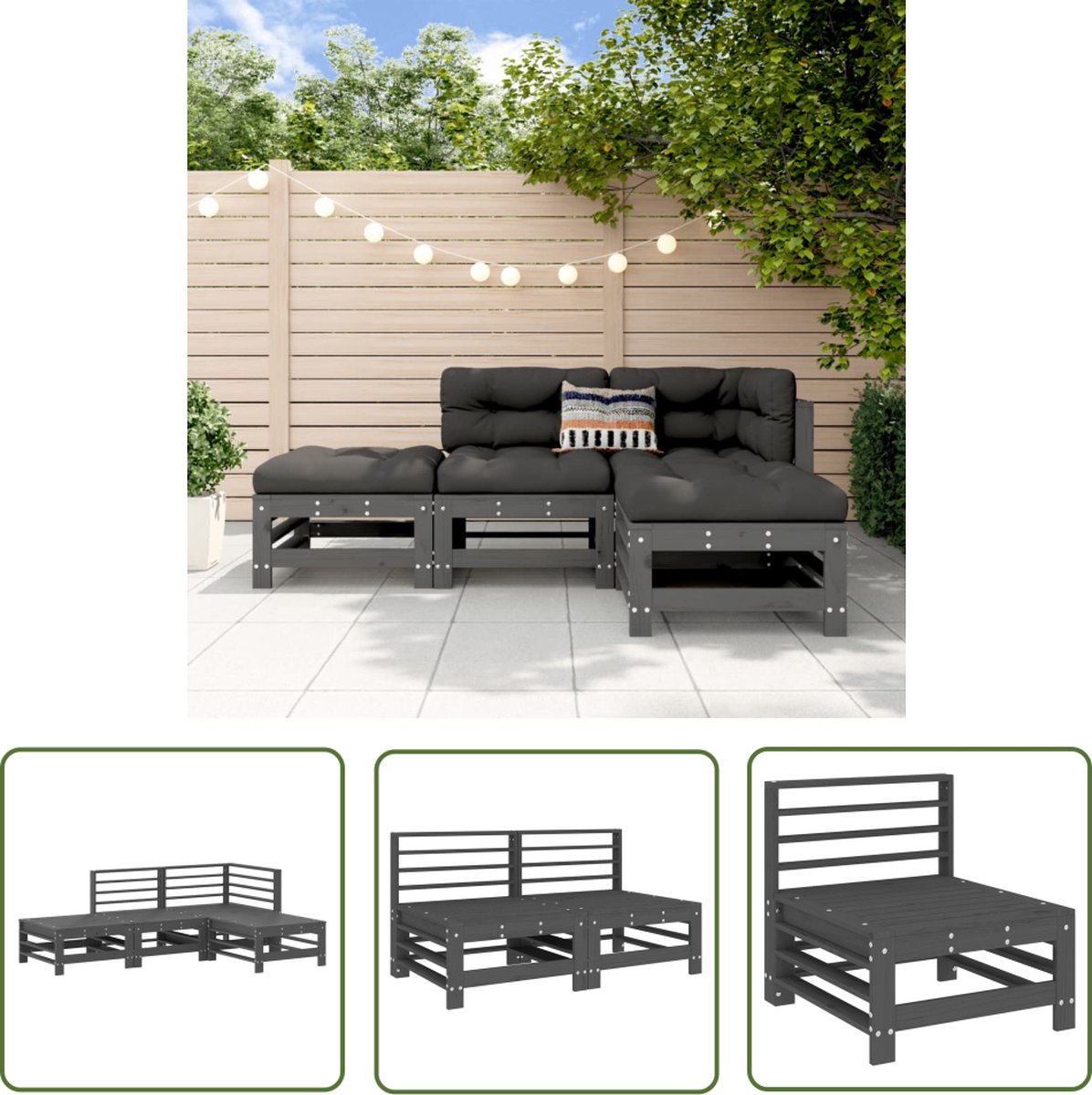Grijze loungeset van massief grenenhout voor tuin - The Living Store